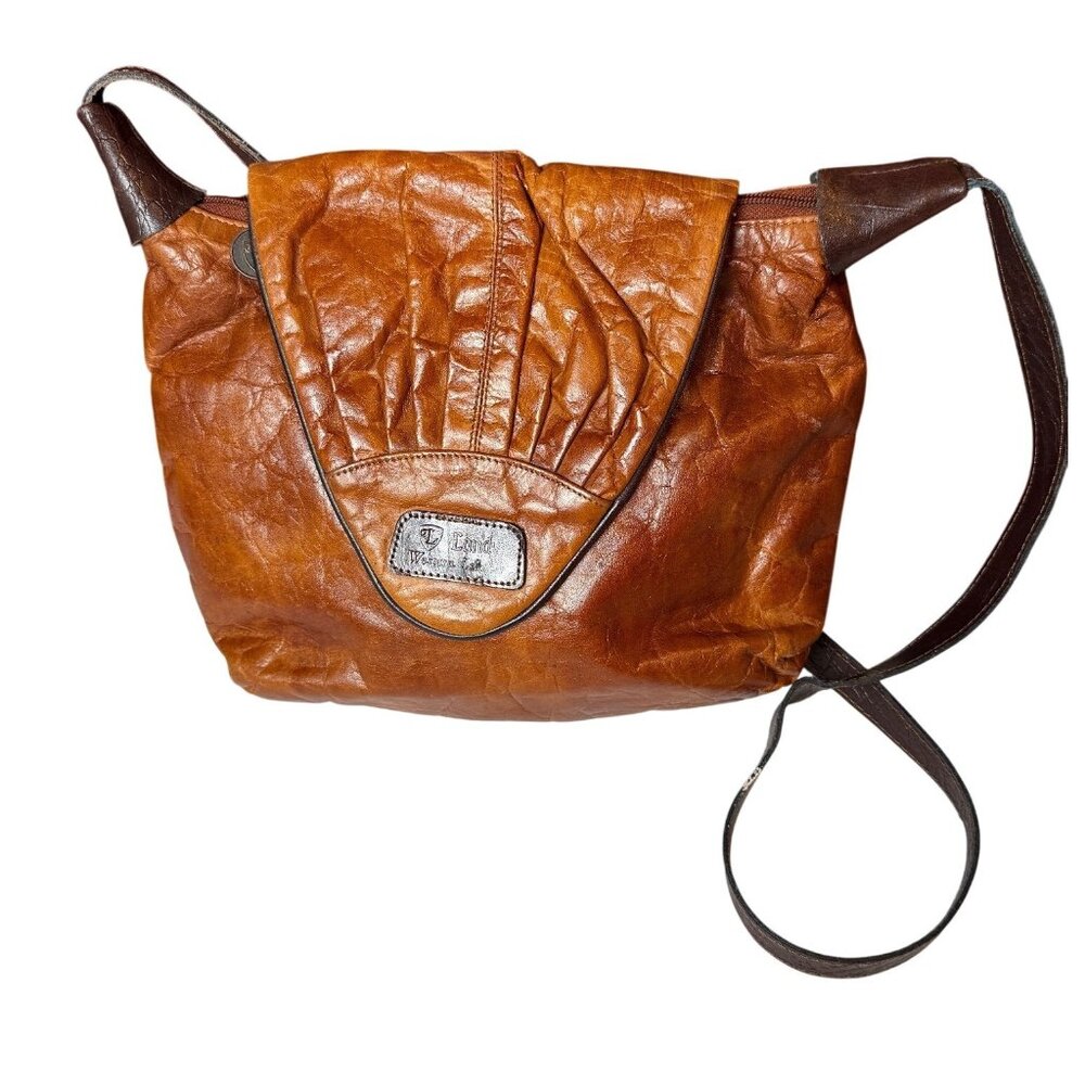 Vtg 70s LANDY WESTERN LEATHER Shoulder Crossbody Bag Brown Adjustable Long Strap